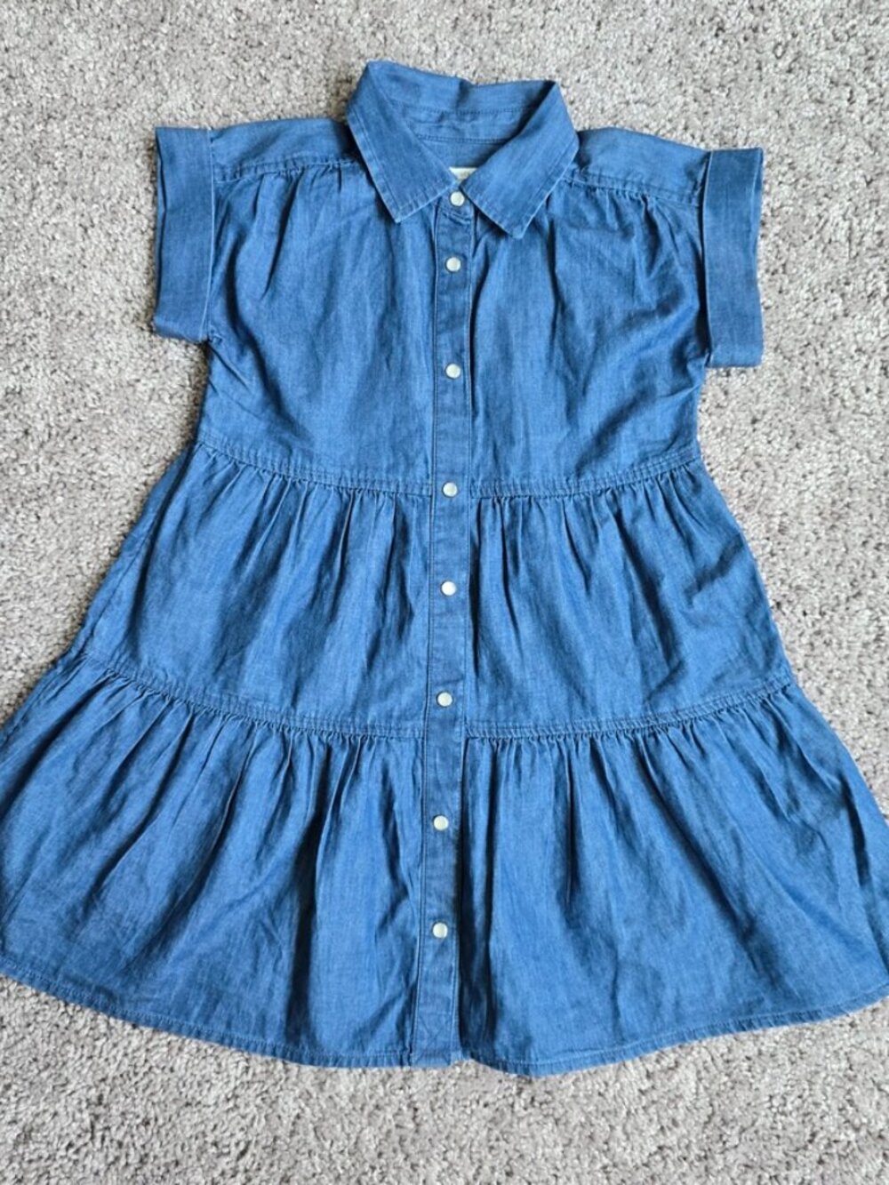 Crewcuts J Crew Girls Chambray Tiered Babydoll Shirt Dress Snap up Size 6 Blue